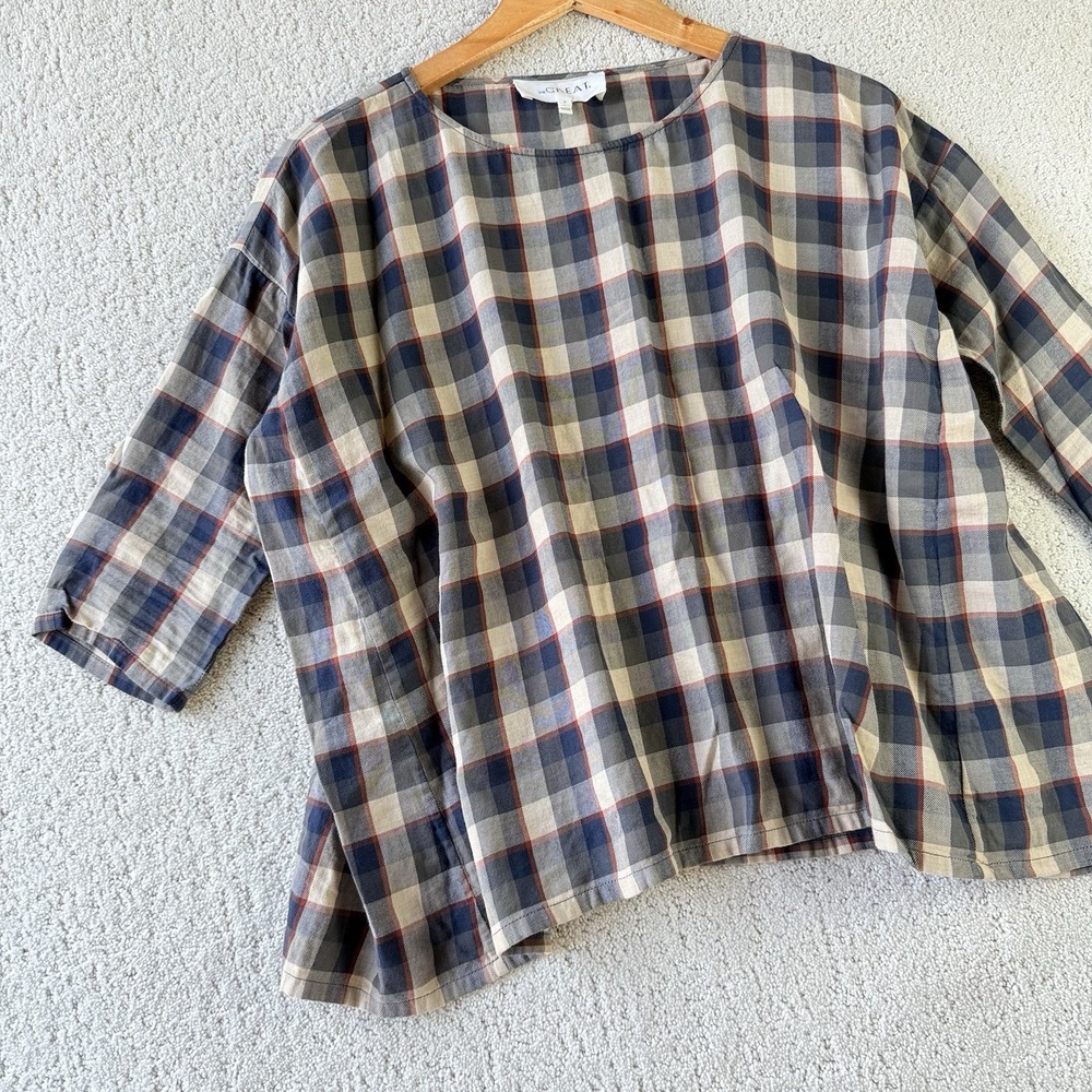 "The Great" Boxy Plaid Cotton Top Women's Size 0 Blue Red Beige Check Shirt $225